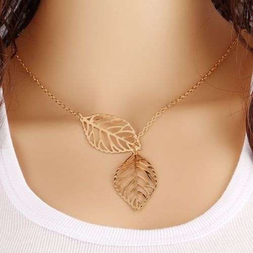 9K Yellow Gold Filled Two Leaves Shape Necklace & Pendant