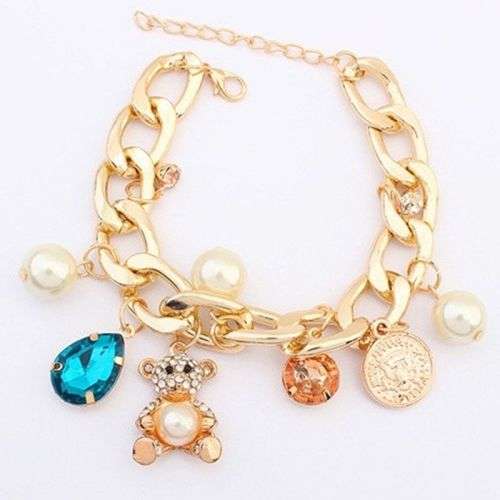 Bear Crystal Charm Plated Gold Chain Bangle Bracelet