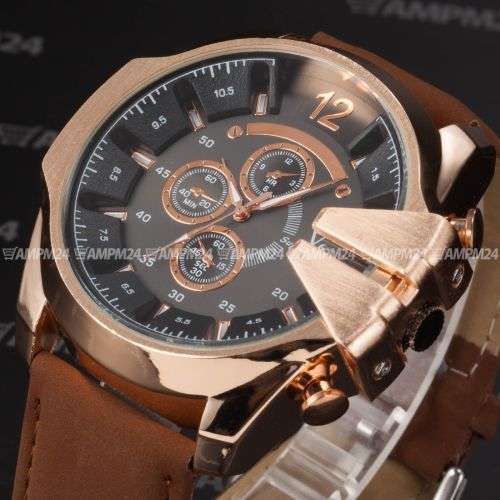 Stainless Steel Leather Quartz Mens Military Wrist Watch