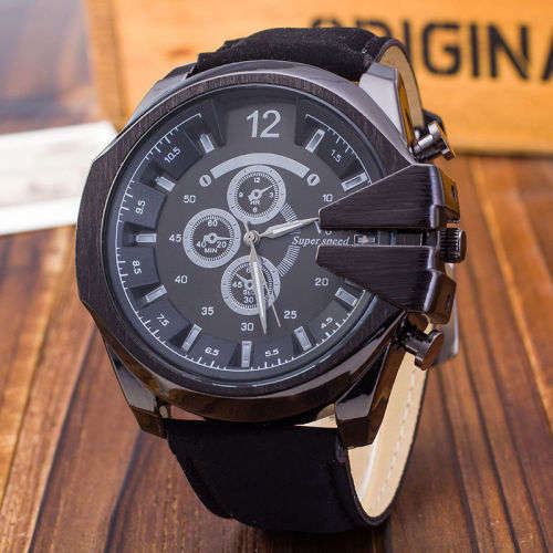 Stainless Steel Leather Quartz Mens Military Wrist Watch - Black