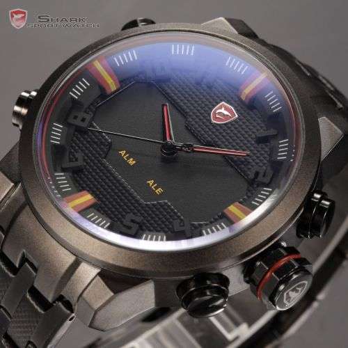 SHARK LED Date Black Red Quartz Stainless Steel Men Sport Wrist Watch Ref34