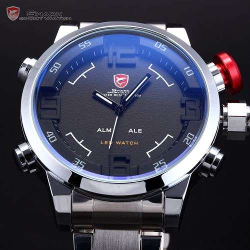 GENUINE Shark Digital LED Date Big Face Silver Black Quartz Sport Wrist Watch