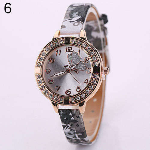 Women Butterfly Rhinestone Flowers Leather Bracelet Quartz