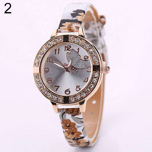 Women Butterfly Rhinestone Flowers Leather Bracelet Quartz