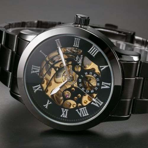 Skeleton Automatic Mechanical Stainless Steel Men Sport Wrist Watch