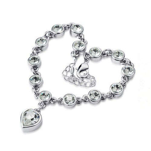 18K White GP Swarovski Crystal Elements Love Hearts White Fine Topaz Bracelet