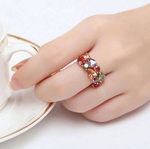 Gold Filled Colourful Crystal Cocktail Wedding Band Ring Jewelry SZ9