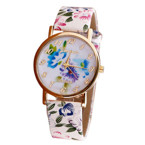 Geneva Flower Patterns Leather Band Analog Quartz Vogue Wrist Watch