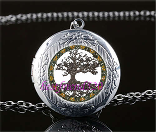 Celtic Tree Of Life Cabochon Glass Tibet Silver Locket Pendant Necklace