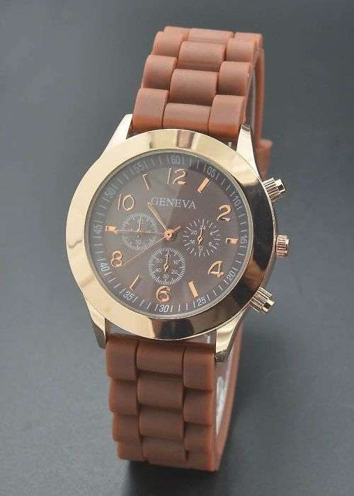 Casual Women girl Men's Unisex Silicon Strap Geneva Wrist Watch Brown