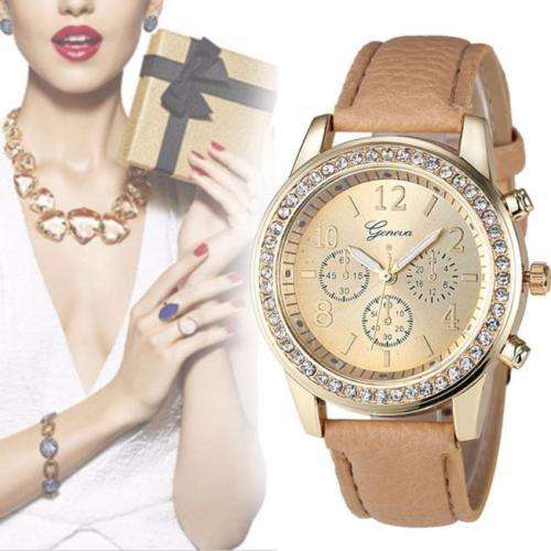 Geneva Women Leather Band Stainless Steel Watch