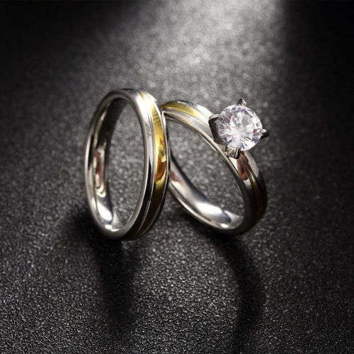 Cubic Zircon Stainless Steel Gold Filled Rings 2pcs - Sz9