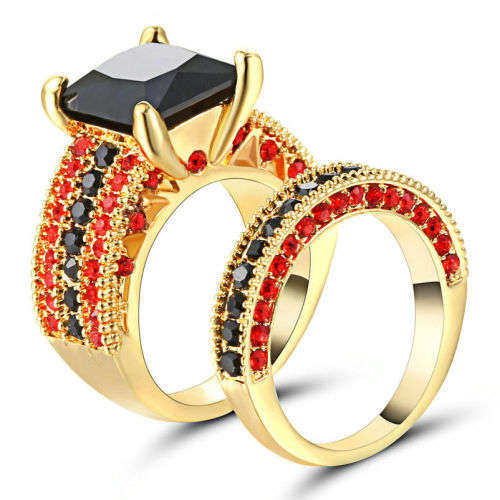 Princess Cut Sapphire Rings Set 10Kt Yellow Gold Filled Size 6