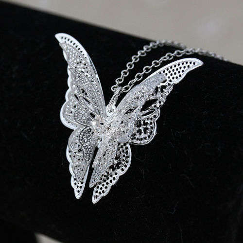 Silver Plated Openwork Butterfly Necklace Pendant For Gift