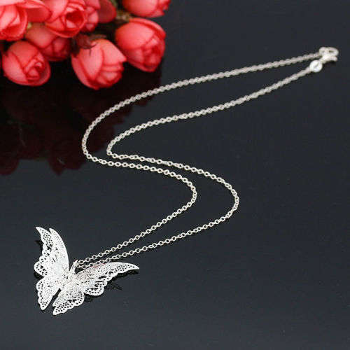Silver Plated Openwork Butterfly Necklace Pendant For Gift