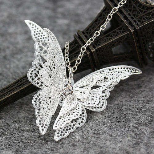 Silver Plated Openwork Butterfly Necklace Pendant For Gift