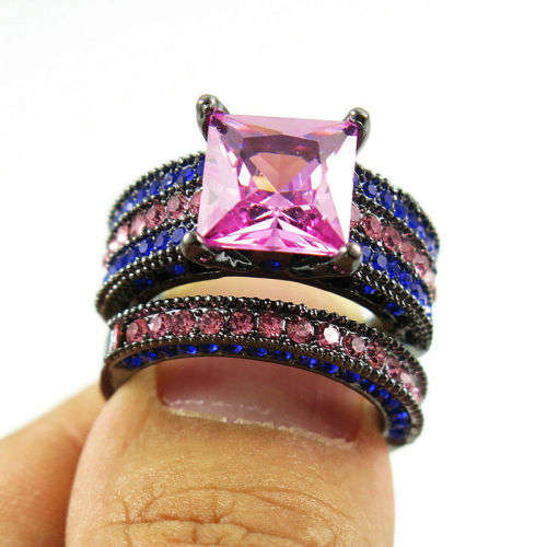 Size 8 Jewelry 10kt black gold filled Princess Pink Ring set