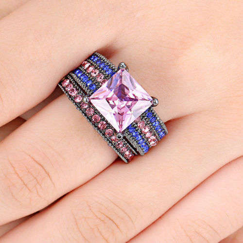 Size 8 Jewelry 10kt black gold filled Princess Pink Ring set