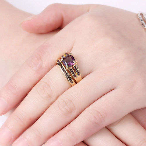 Size 8 Gold Rhodium Wedding Engagement Ring Set 2-in-1