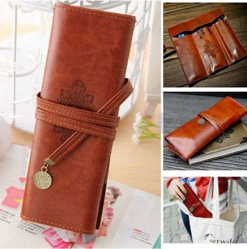 PU Leather Pencil Cosmetic Pouch Pocket Brush Holder Makeup Bag