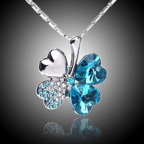 18k white gold plated rhinestone four leaf necklace