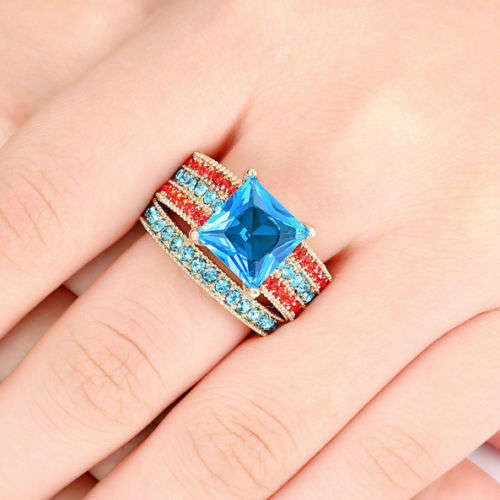 Princess Cut Aquamarine Yellow Gold Filled Ring Set  Size 7