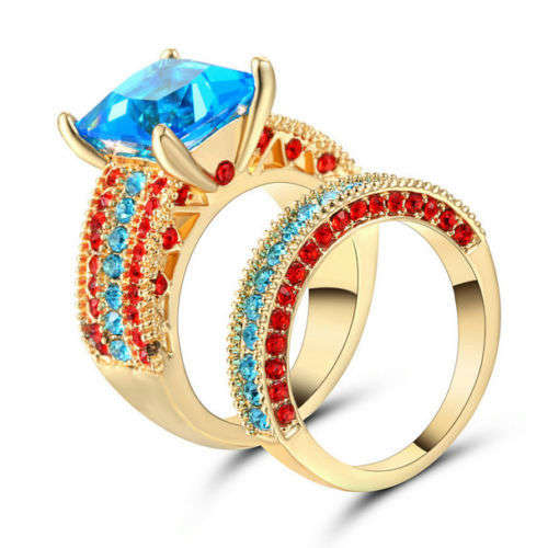 Princess Cut Aquamarine Yellow Gold Filled Ring Set  Size 7