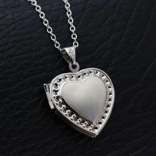 Love Heart Shape Pendant Openable Photo Silver Chain