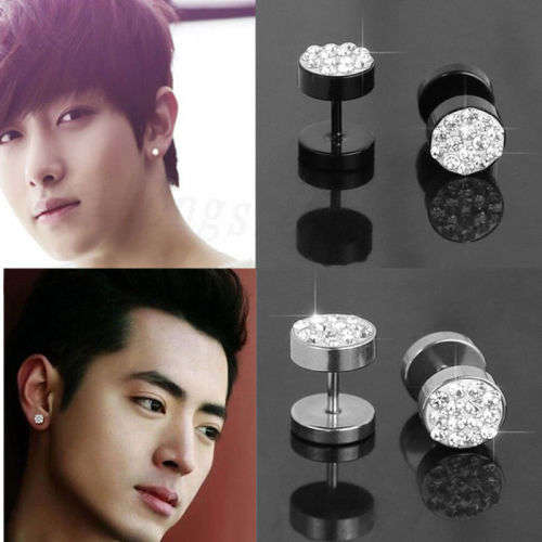 2Pcs Men's Silver Barbell Punk Stainless Steel Crystal