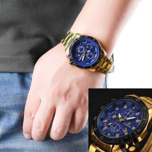 Mens Black Dial Gold Stainless Steel Date Quartz