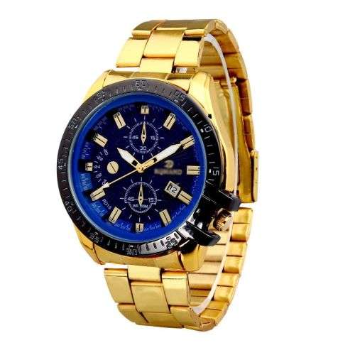 Mens Black Dial Gold Stainless Steel Date Quartz