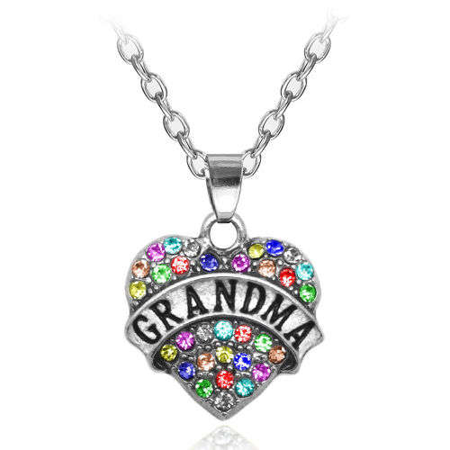 Family Crystal Love Heart Pendant Rhinestone Necklace - Grandma