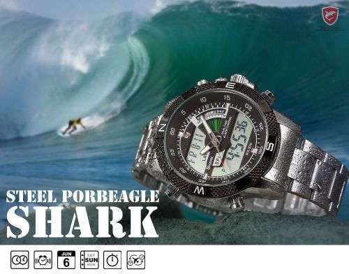 GENUINE SHARK Stylish Mens Black Dial LCD Digital Date Day Alarm Steel Wrist Sport Watch