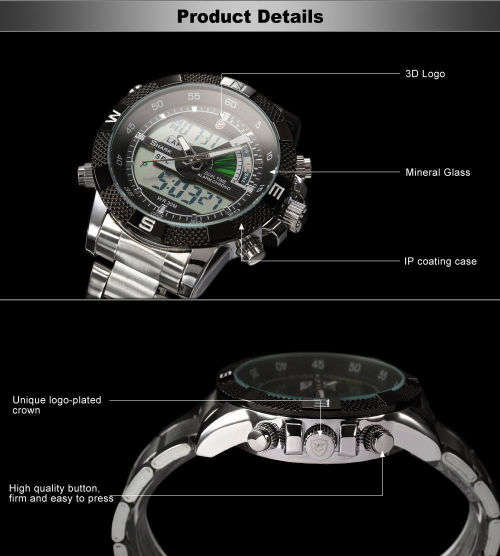 GENUINE SHARK Stylish Mens Black Dial LCD Digital Date Day Alarm Steel Wrist Sport Watch