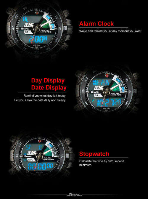 GENUINE SHARK Stylish Mens Black Dial LCD Digital Date Day Alarm Steel Wrist Sport Watch