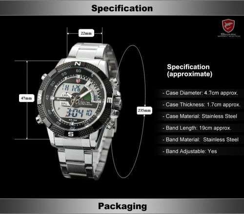 GENUINE SHARK Stylish Mens Black Dial LCD Digital Date Day Alarm Steel Wrist Sport Watch