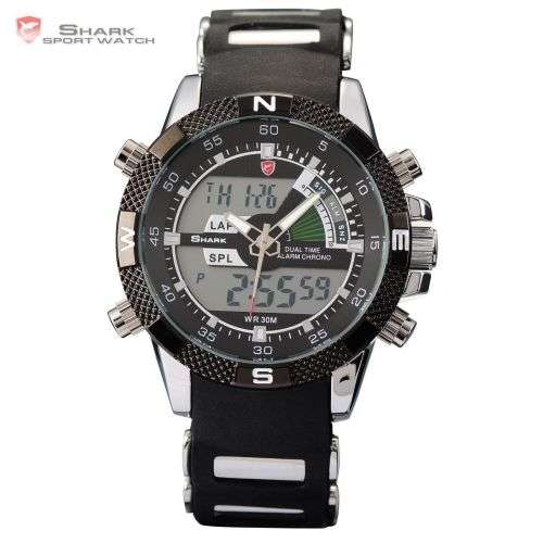 SHARK Mens LCD Digital Date Day Black Rubber Military Alarm Quartz Sport Watch Ref32