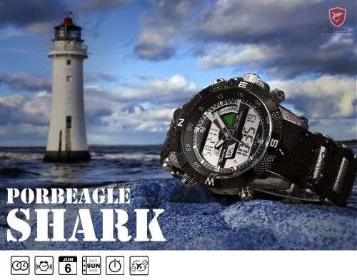 SHARK Mens LCD Digital Date Day Black Rubber Military Alarm Quartz Sport Watch Ref32