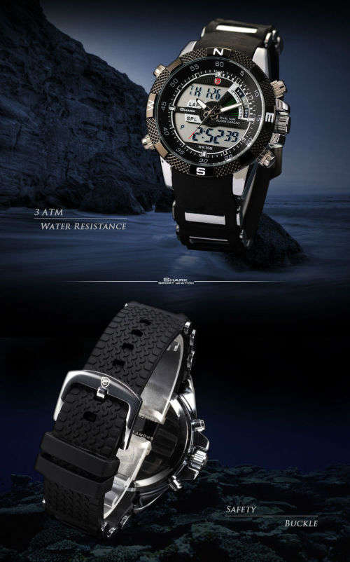 SHARK Mens LCD Digital Date Day Black Rubber Military Alarm Quartz Sport Watch Ref32