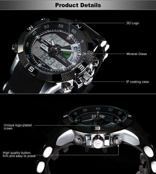 SHARK Mens LCD Digital Date Day Black Rubber Military Alarm Quartz Sport Watch Ref32