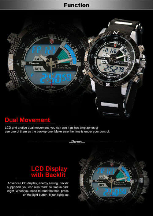 SHARK Mens LCD Digital Date Day Black Rubber Military Alarm Quartz Sport Watch Ref32