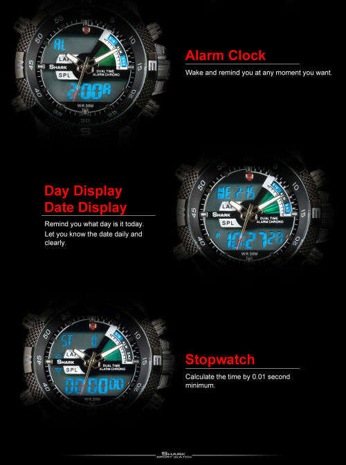 SHARK Mens LCD Digital Date Day Black Rubber Military Alarm Quartz Sport Watch Ref32