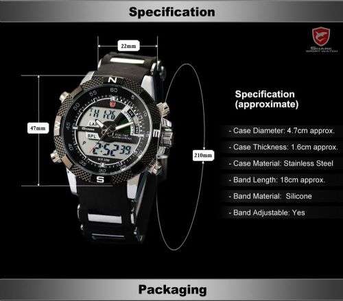 SHARK Mens LCD Digital Date Day Black Rubber Military Alarm Quartz Sport Watch Ref32
