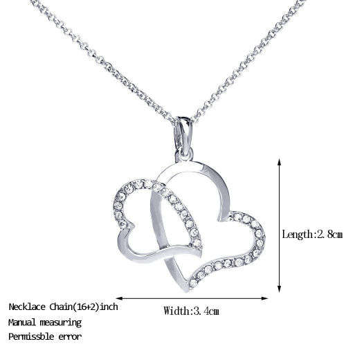 Double heart necklace Austrian crystal jewelry gold plated rhinestone pendant