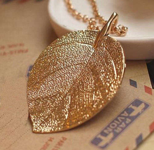 Golden Leaf Pendant Necklace Long Chain Jewelry