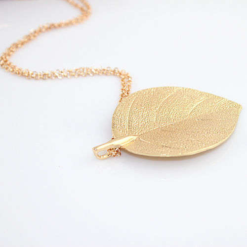 Golden Leaf Pendant Necklace Long Chain Jewelry