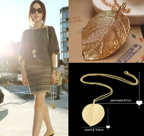Golden Leaf Pendant Necklace Long Chain Jewelry
