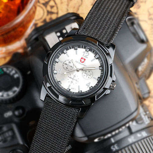 SWISS Round Dial Nylon Strap Band Men Boy Military Army Quartz Wrist Watch