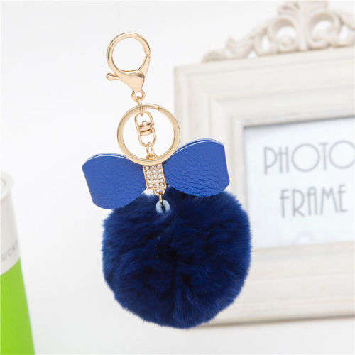 Love Soft Rex Rabbit Fur Ball PomPom Charm Car Keychain - Dark Blue