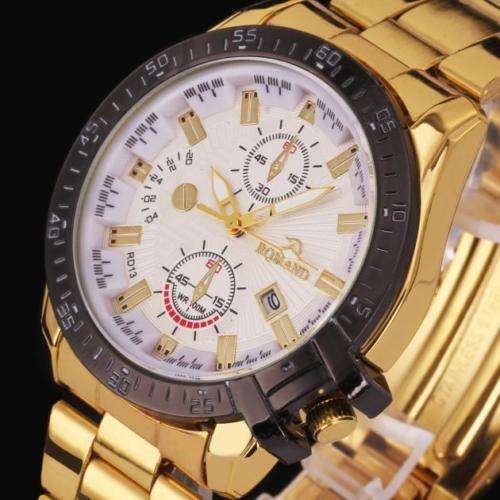 Luxury Mens Black Dial Gold Stainless Steel Date Quartz Analog Sport Wrist Watch